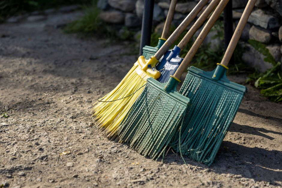 A group of colorful brooms standing on a dirt path outdoors, perfect for cleaning themes.
